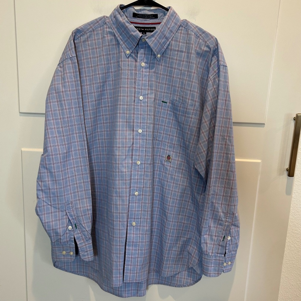 Tommy Hilfiger Mens Plaid Button Down Shirt XL Blue Red White Long Sleeve Cotton